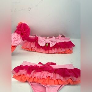Angel’s Face Pink and Orange Ruffled Kids Swim Set with matching headband!